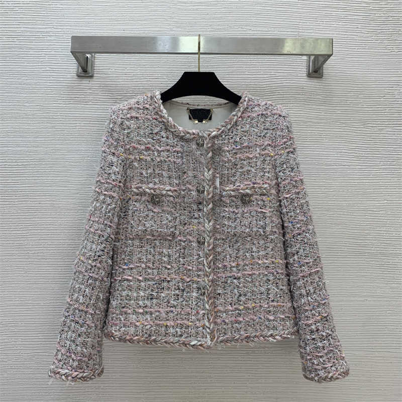Tweed designer jacket women Mixed colours double-pocket jacket luxury round-neck cropped long-sleeved high quality coat