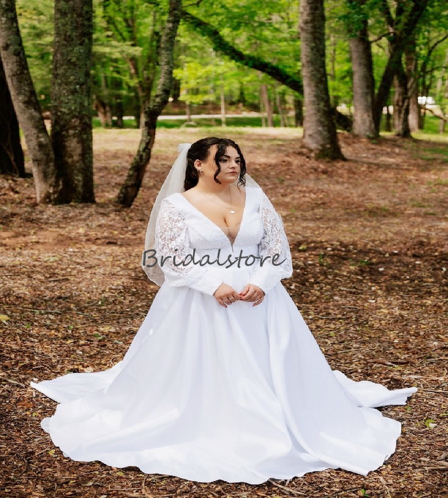 Simple Plus Size Rustic Wedding Dress Dress 2025 A Line Long Sleeve Satin Country Forset Bridal Dress Outdoor Bride Dress Elegant Vestio De Novias
