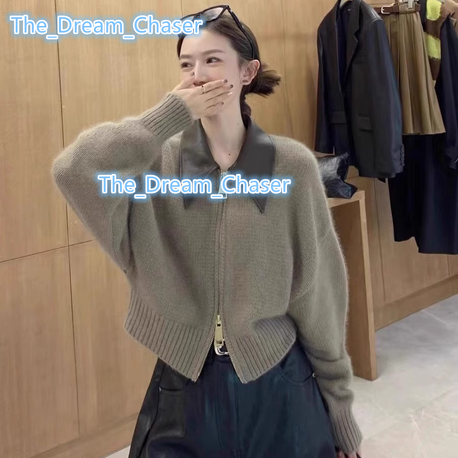 Polo en cuir cousé Cardigan Double fermeture à glissière Cashmere veste femme