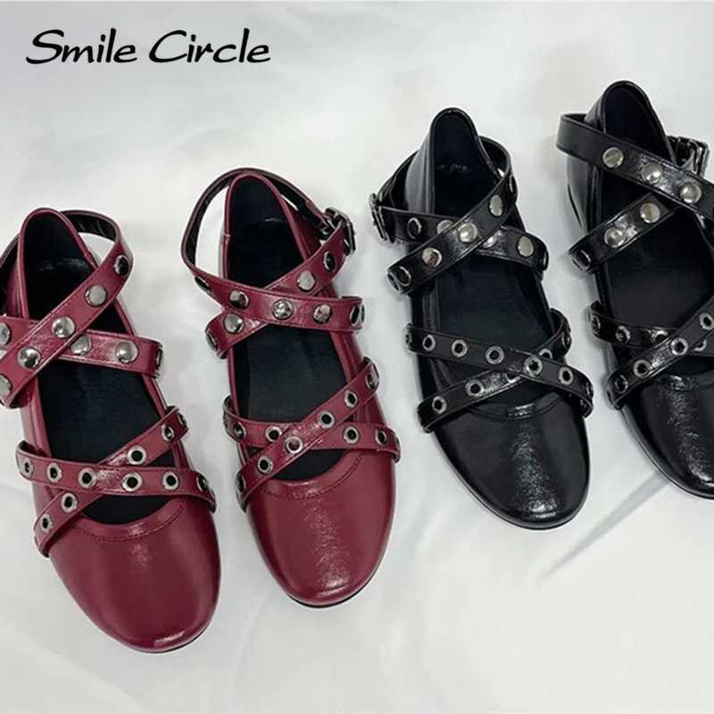 Womens Punk Mary Jane Shoes Gothic Studded Buckle Flats Black Cross Strap Vintage Grunge Footwear W250922
