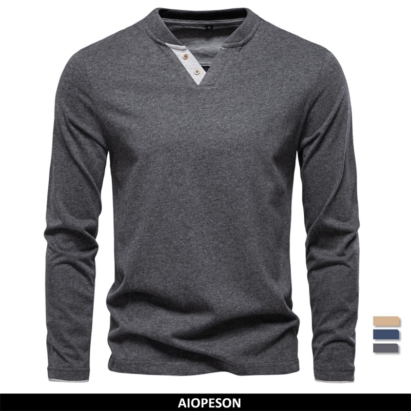 AIOPESON 100 Cotton Tshirt Men Casual Solid Color Long Sleeve Sweater Autumn Fashion High Quality Henley Collar Mens Tshirts y250921
