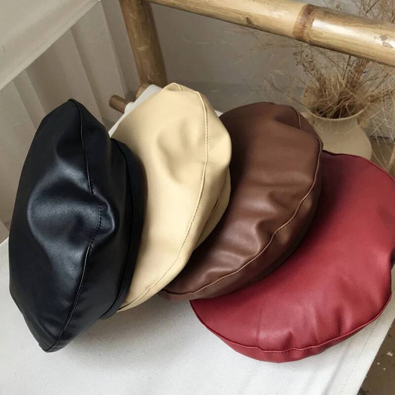 Vintage PU Leather Beret Hat Women Autumn Winter Warm Octagonal Cap Elegant Solid Color Female Lady Painters Caps ddmythur