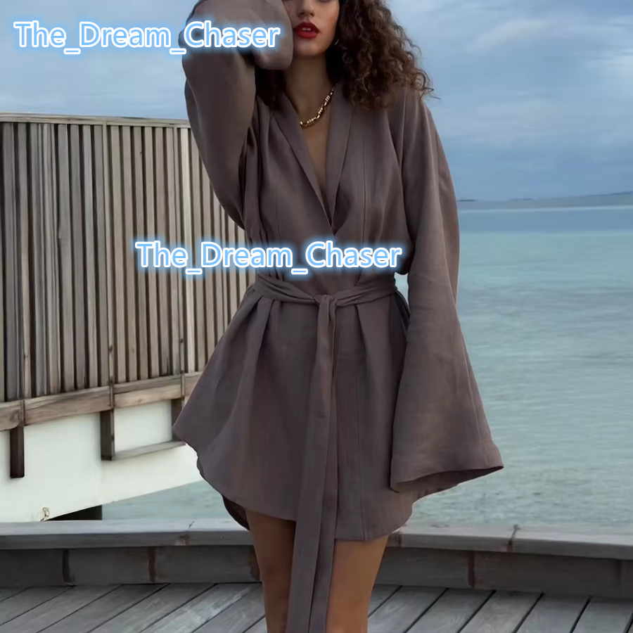 Femmes décontractées en lin lâche coton robe fille peignoir en lin courte robe kimono robe en lin de demoiselle d'honneur sexy avec broderie