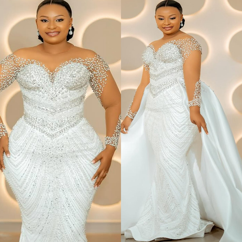 2025 Plus taille robe de mariée africaine robes nuptiales pour la mariée sirène illusion transparent le cou appliquée