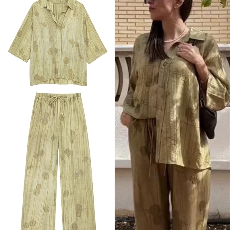 TRAF Womens Fashion Loose Jacquard Shirt Stretchy Pants Set Summer Lapel Single Button Shirt Wide Leg Pants Two Piece Set 250920