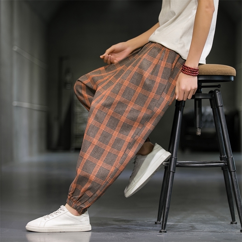 Chinese Style Ice Cotton Casual Pants Men Summer Breathable Thin Section Harem Pants Comfortable Loose Plaid Pants 250920