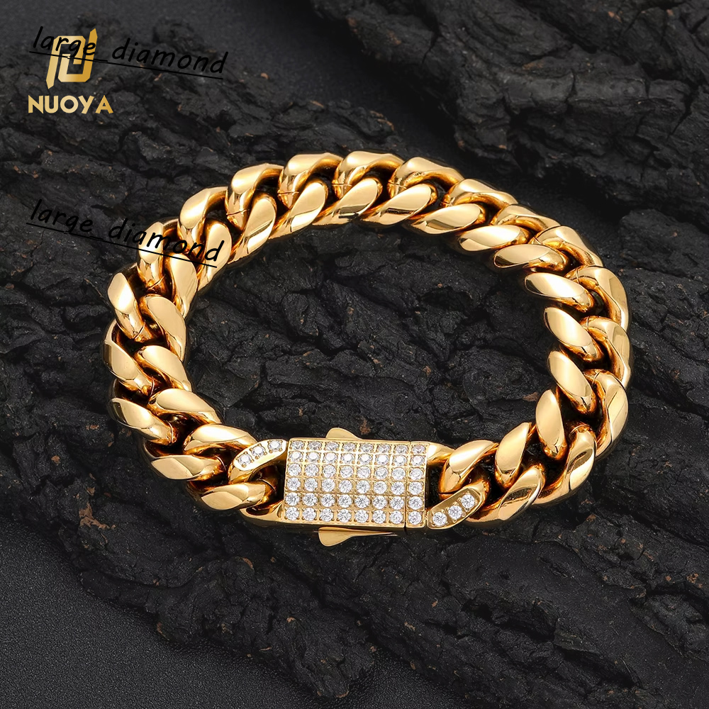 18K Gold Plated Cuban Bracelet Men 10mm 12mm 14mm Stainless Steel Miami Hip Hop Chain Custom Length Wholesale Jewelry