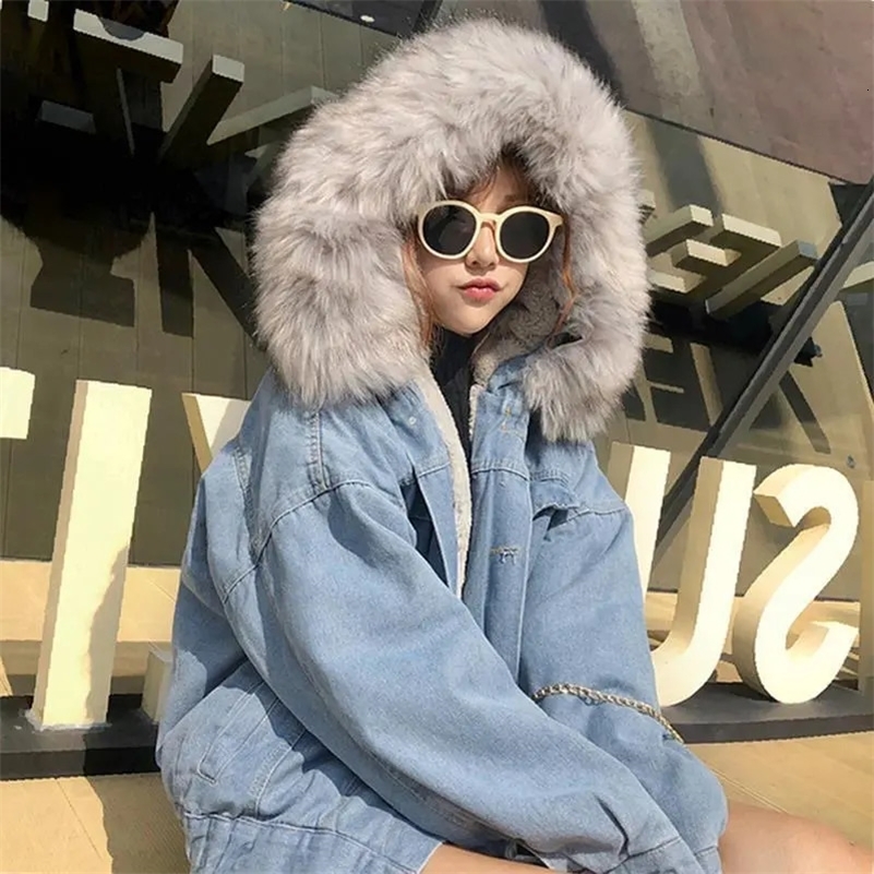 Lamb Wool Denim Jacket womens Outwear Autumn Winter Korean Loose Hooded Plus Velvet Thicke CottonPadded Jacket Coat Tops 250920
