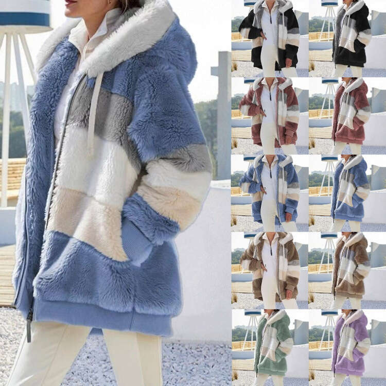 Hot-Selling European American Style Autumn and Winter Warm Plush Patchwork Zipper Pocket Hooded Loose Coat for Women