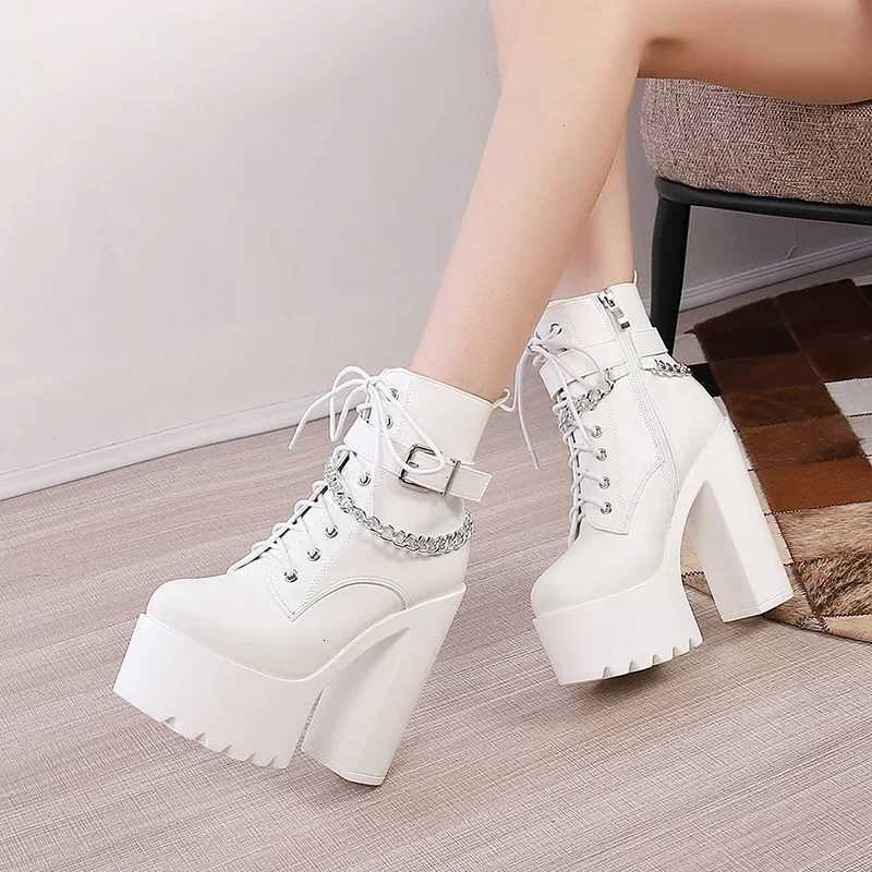 Womens Ankle Boots Platform 14cm Trends Black Short Boot Winter Autumn Leather Gothic Punk Heels Party Shoes Lady Large Size 41 W250922
