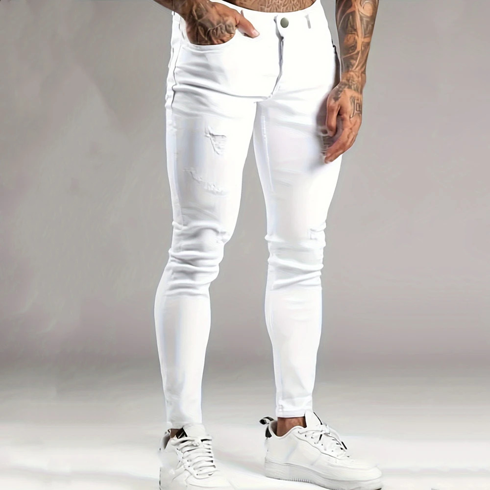 Men Simple Holes Stretch Skinny Jeans Trousers Stylish Streetwear Male Distressed Slim Pencil Denim Pants 250920