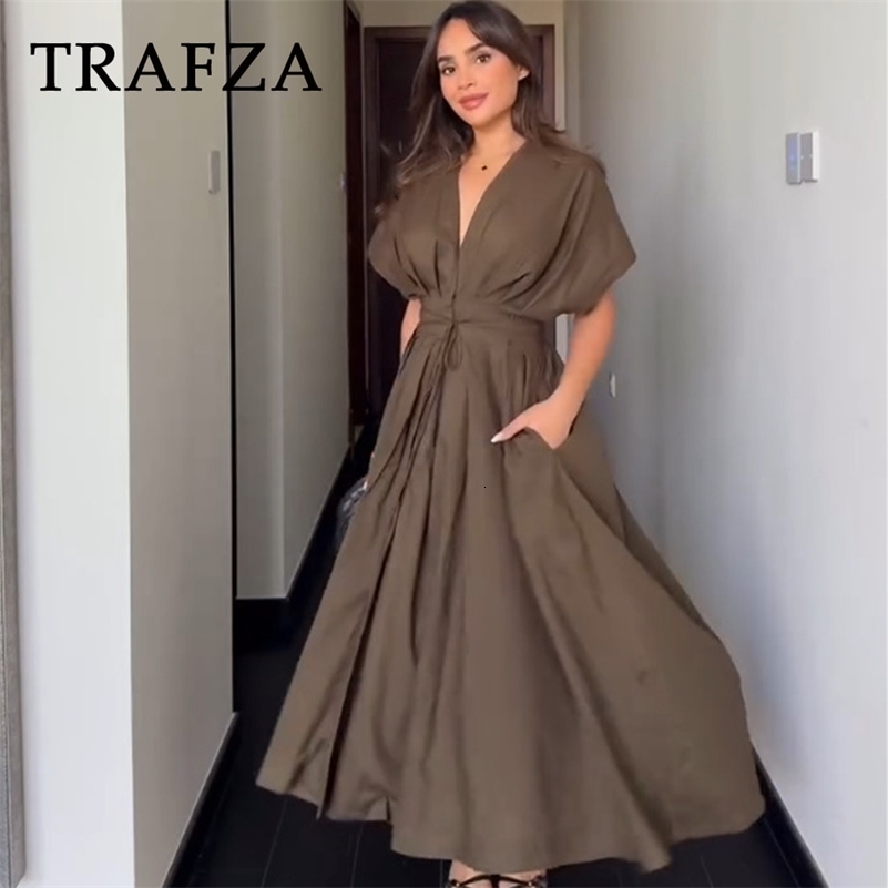 TRAFZA 2025 Fall Winter Vintage Women Dresses Fashion Single Breasted Sashes Draped V Neck Sleeveless Chic Brown Ladies Dresses 250920