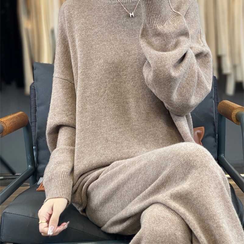 Womens Loose Suit Spring Fall Winter 100 Merino Wool Oneck Pullover Sweater High Waist Straight Pants Knitting Two Piece Set 250920