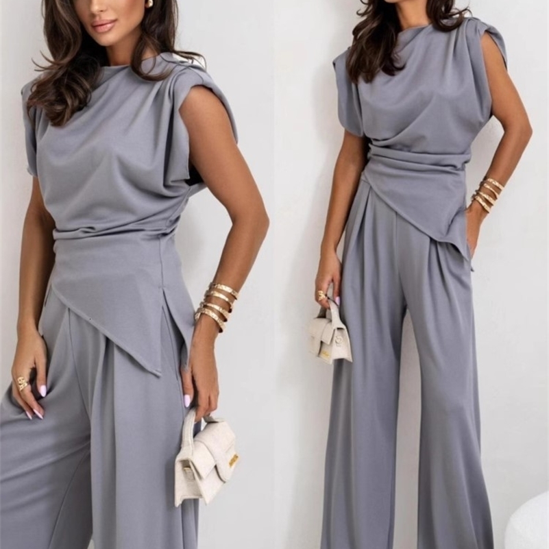 Summer Fashion Solid Two Piece Sets Women Elegant Slim Office Suit Casual Irregular Top And Wide Leg Pants 2 Piece Set Female 250920