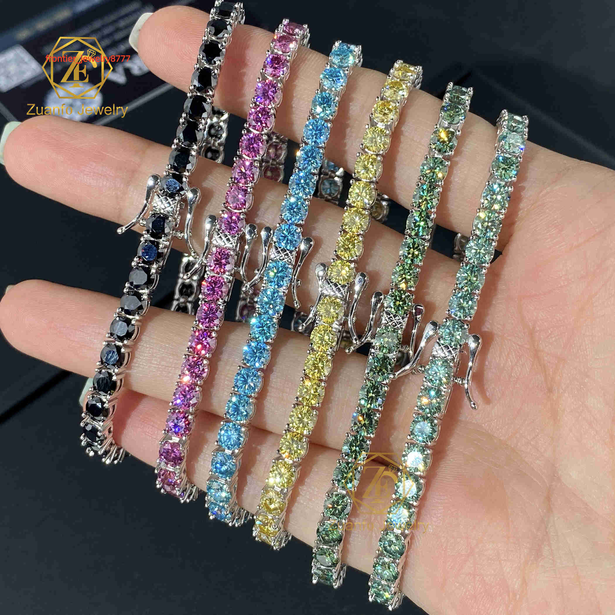 Vendre à chaud Personnaliser le bleu rose jaune noir noir Moissanite 925 Bijoux en argent sterling bracelet de tennis Moisanite