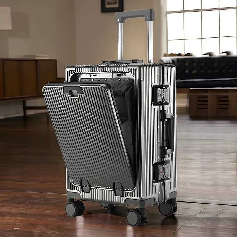 20242628 inch front opening men pull rod aluminum frame luggage USB charging with cup holder laptop women Boarding SuitcaseXJ250922-image-1076246304