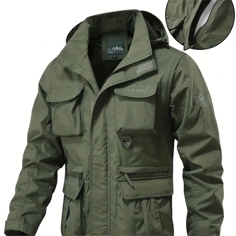 Detachable windproof sleeved hooded jacket suitable for outdoor activities mens casual waterproof multi pocket jacket vest250922ww