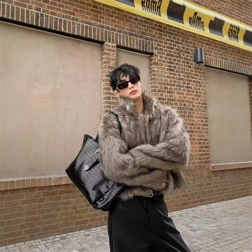 Faux Fur Jacket Men Short Coat 2025 Winter Thick Warm Open Stitch Outerwear Turn Down Collar Vintage Overcoat High Street 250920