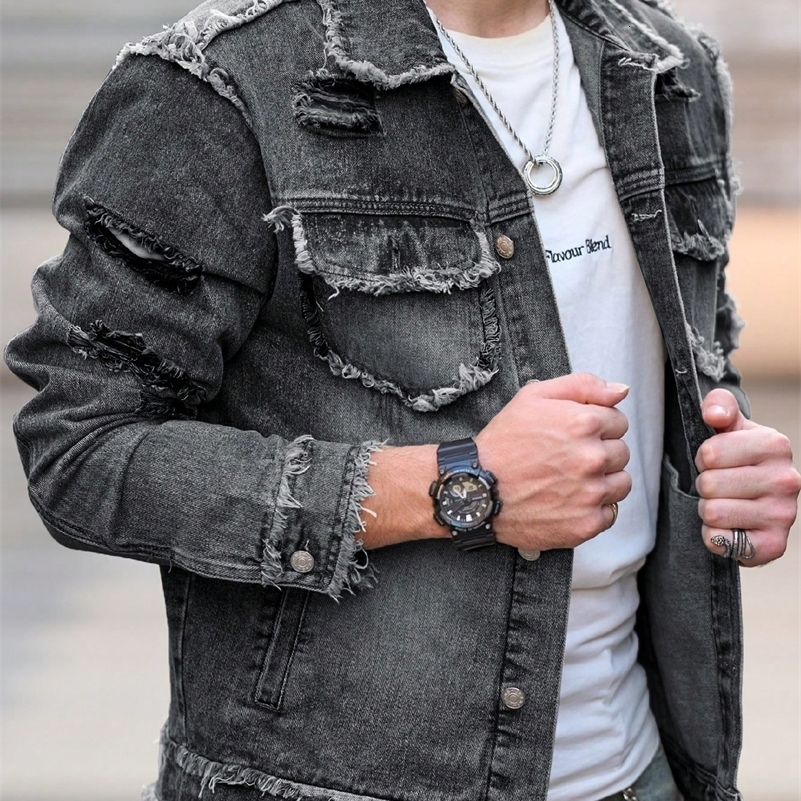 1Pc Mens Four Seasons Destroyed Stone Washed Light Jacket Daily American Street Casual Denim Jacket No HoodNo Accessories 250920