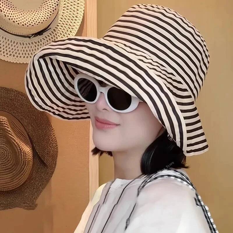 Chapeaux d'été pour femmes chapeau de soleil rayé pliable long pêcheur à bordure à bordure à bordure de pêche extérieure