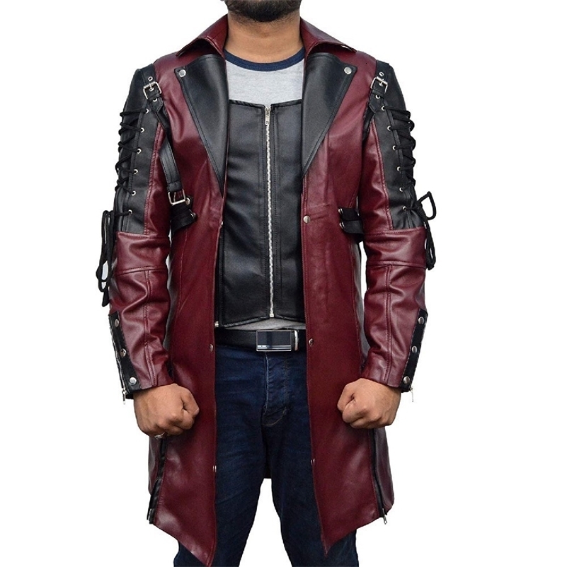 Long Leather Jacket Men Gothic Vintage PU Leather Trench Coats Fashion Moto Biker Outwear Mens Punk Style Motocycle Jackets Man 250920