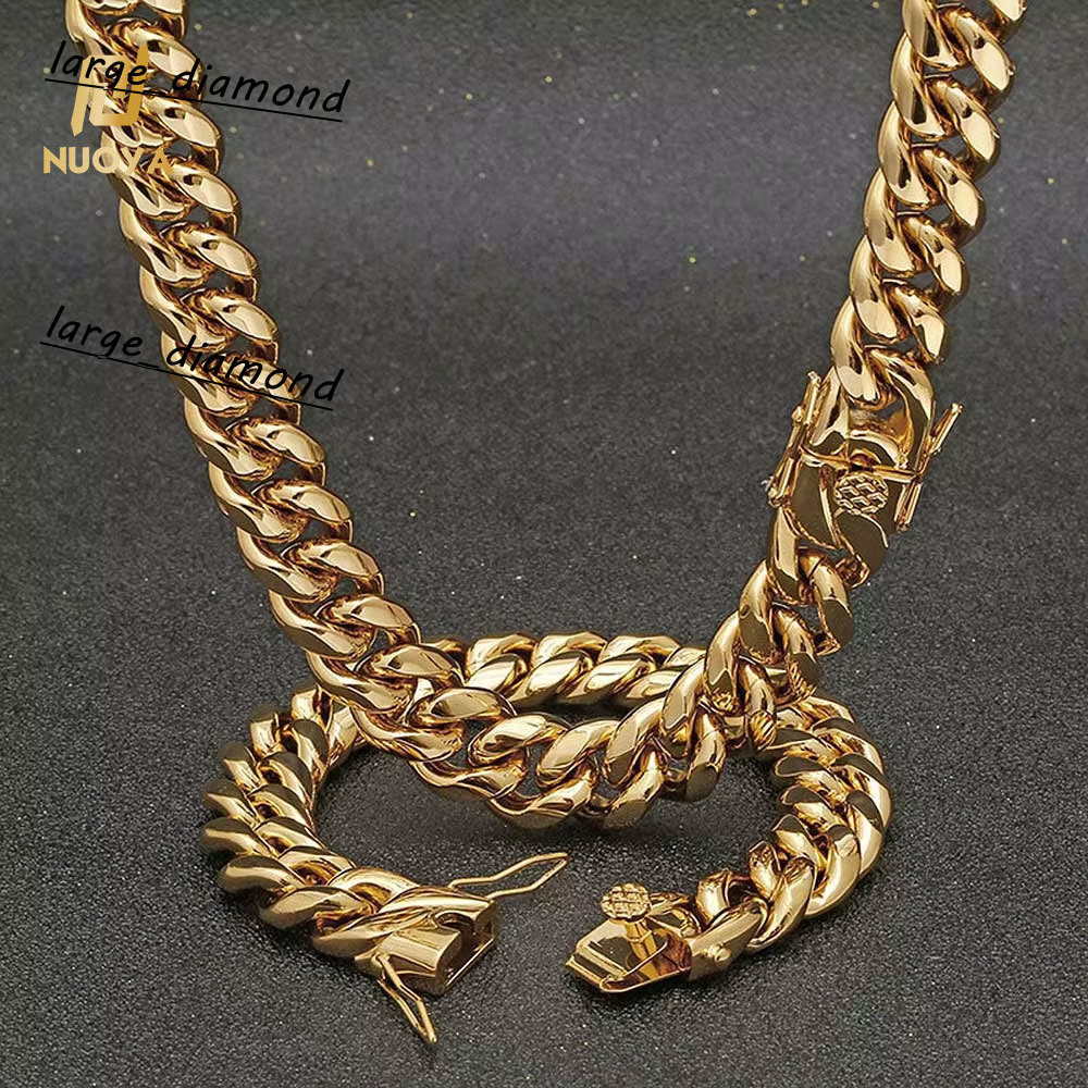 12mm 18K Gold Plated Miami Cuban Link Chain Necklace Mens Hip Hop Fine Stainless Steel Jewelry Curb Necklace