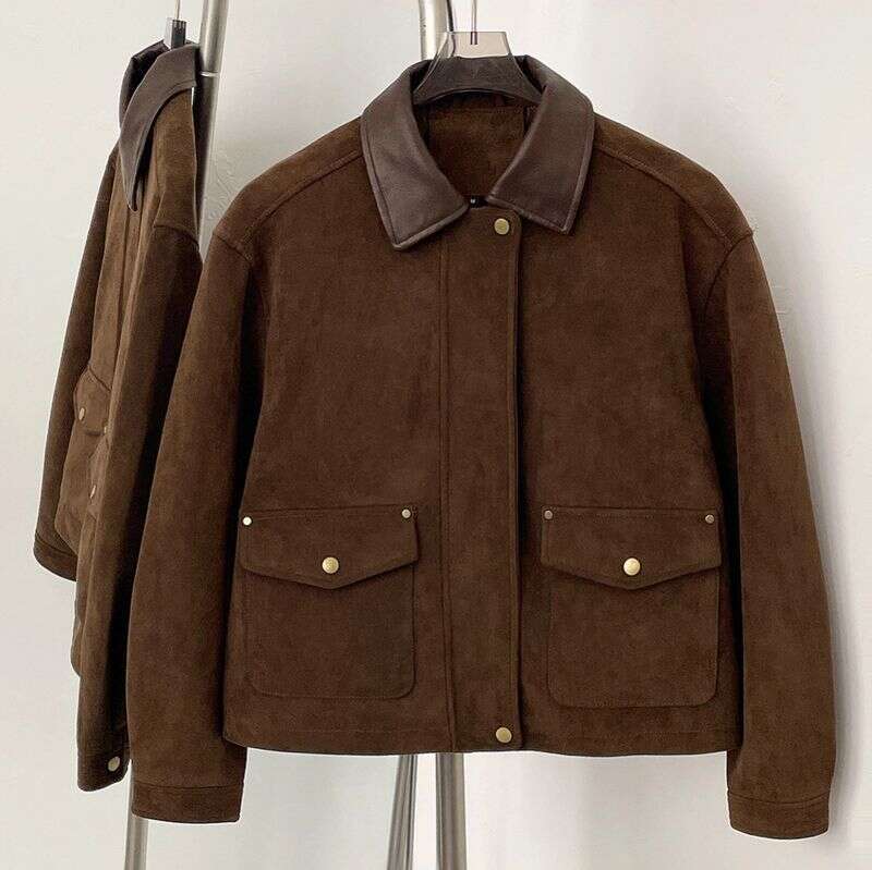 Veste marron en daim doux pour femmes, manteau court décontracté d'automne avec poches, vêtements d'extérieur à fermeture éclair de style coréen