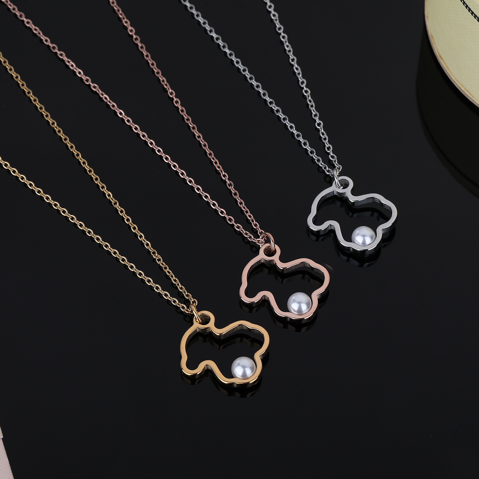 New Fashion Women Silver Rose Gold Stainless Steel Bear White Pearl Green Square Glass Drop Cartoon Animal Pendant Necklace Jewelry-image-1076204488