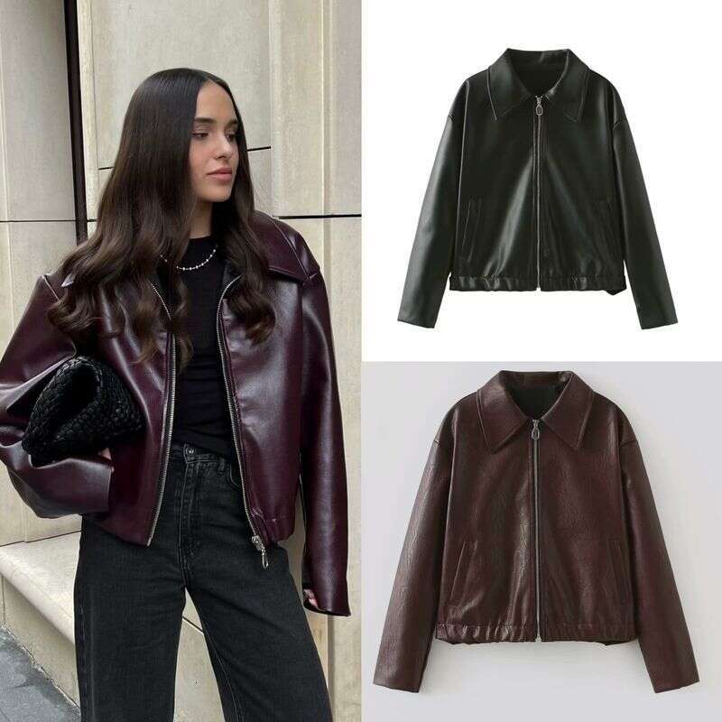European And American Women's Clothing Hot Selling Solid Color Square Collar Leather Jacket
