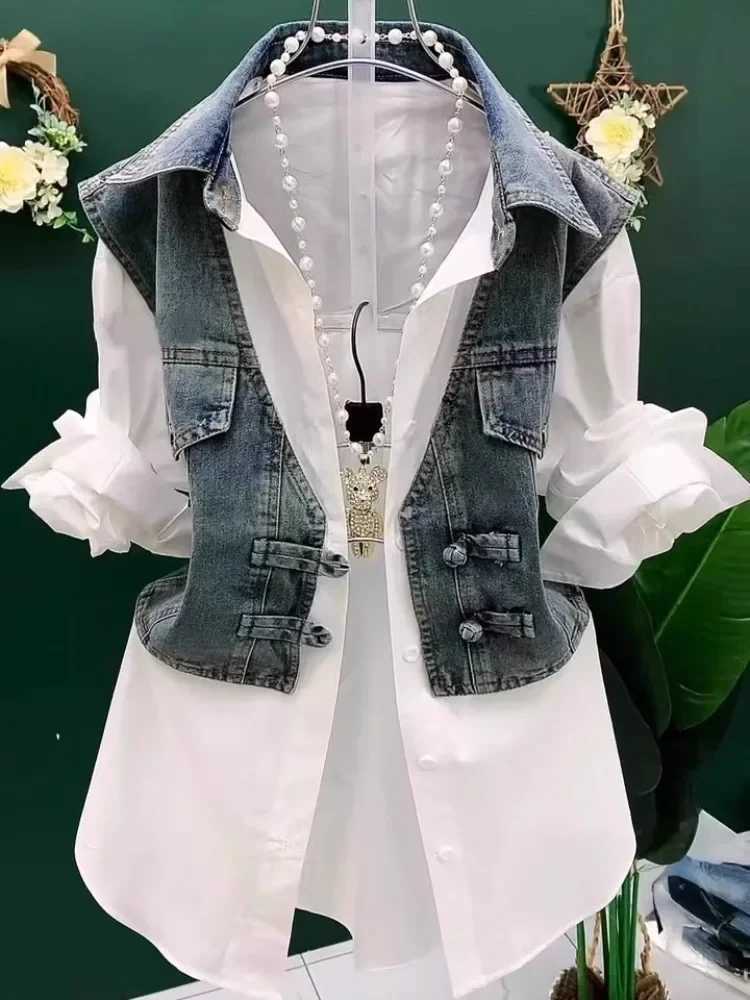 Y2K Vintage Unique Spliced Shirt Jackets Denim POLO Neck Coat Women Fake Twopiece Set America Casual Swt Women Striped Blouse L250921NC3Q