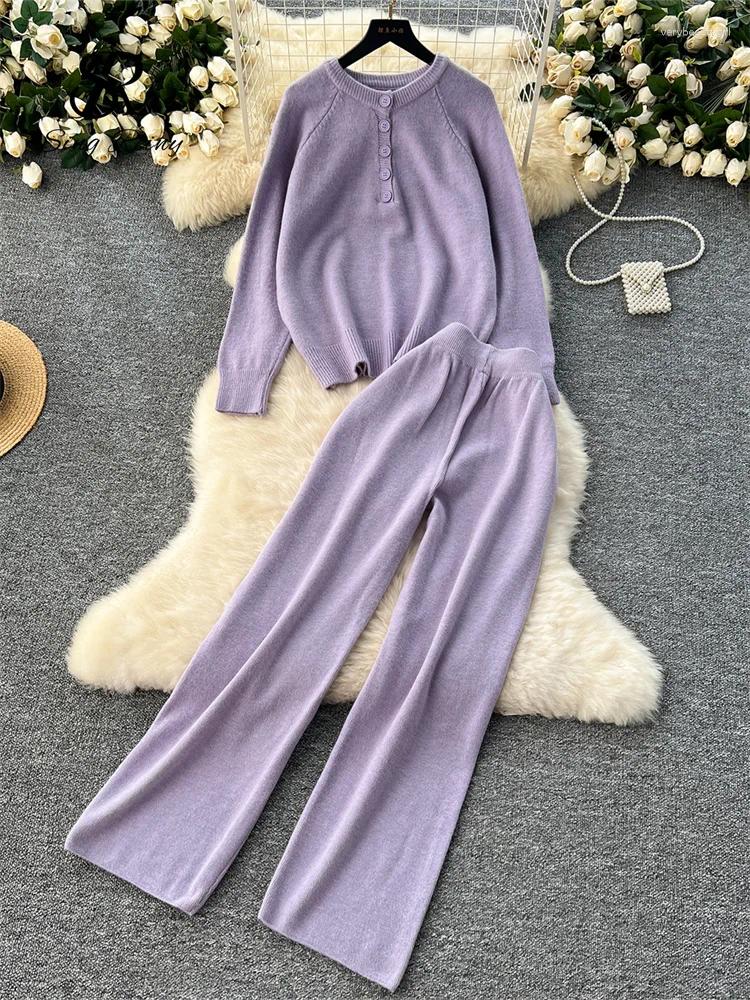 Women's Two Piece Pants SINGREINY Winter Solid Loungewear Sweater Suits Female Button Design Pullovers Long 2025 Warm Loose Casual Pieces