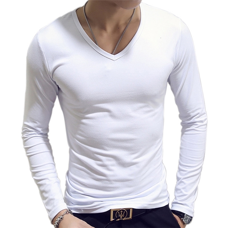 Couleur solide blanche Basic Slim Men Tshirt Spring Automne Fottinging Shirt Round Coul Vneck Tops décontractés