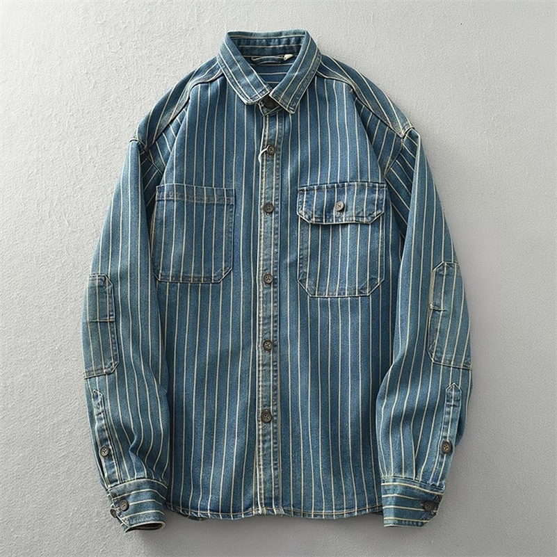 Heavy vintage washed vertical stripe denim shirt mens loose size cotton long sleeve shirt jacket 250920