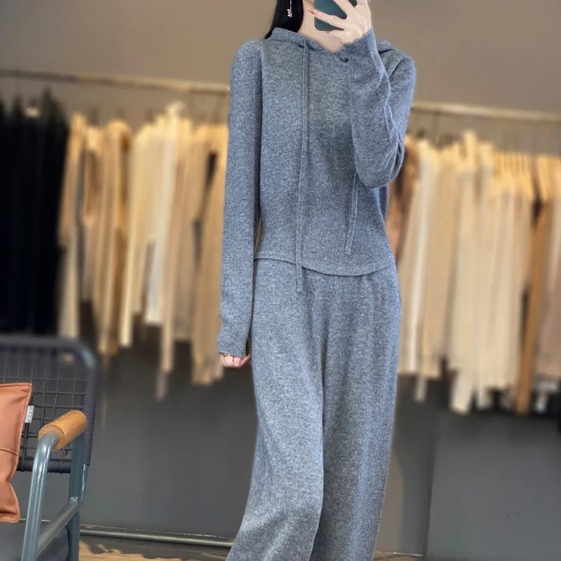 Autumn And Winter WaistCinching Casual Hooded Set 100 Wool Womens Pullover Knitted Sweater WideLeg Pants TwoPiece Set811 250906