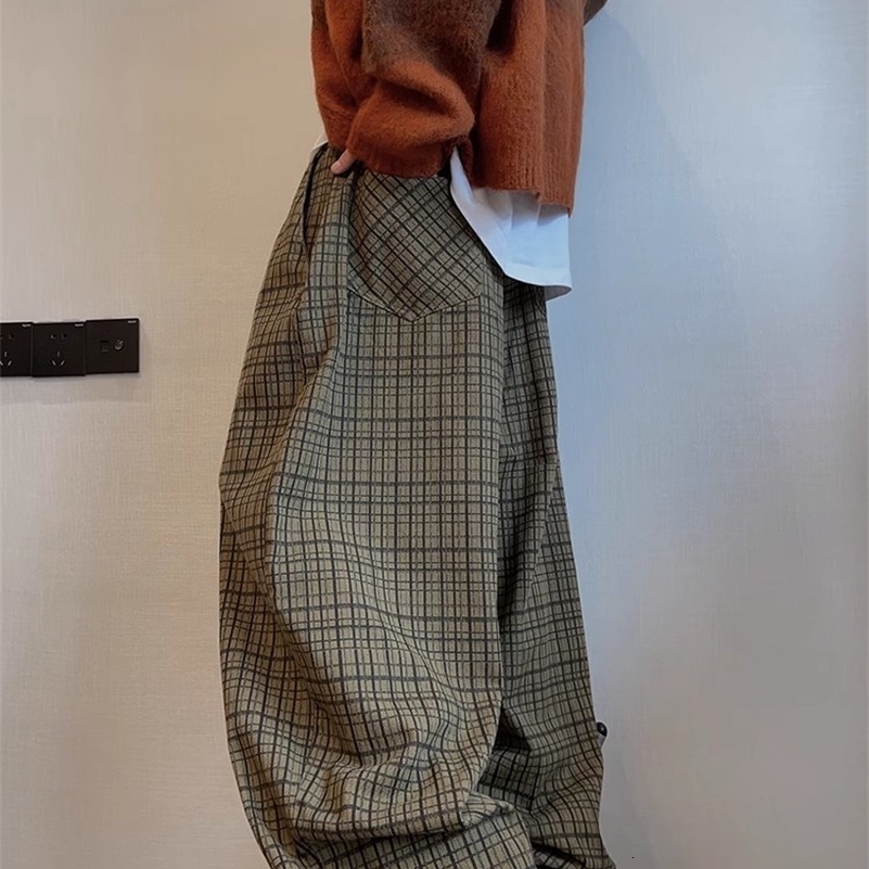 Mauroicardi Spring Autumn Cool Oversized Long Flowy Baggy Wide Leg Pants for Mens Streetwear Loose Plaid Canvas Trousers 250920