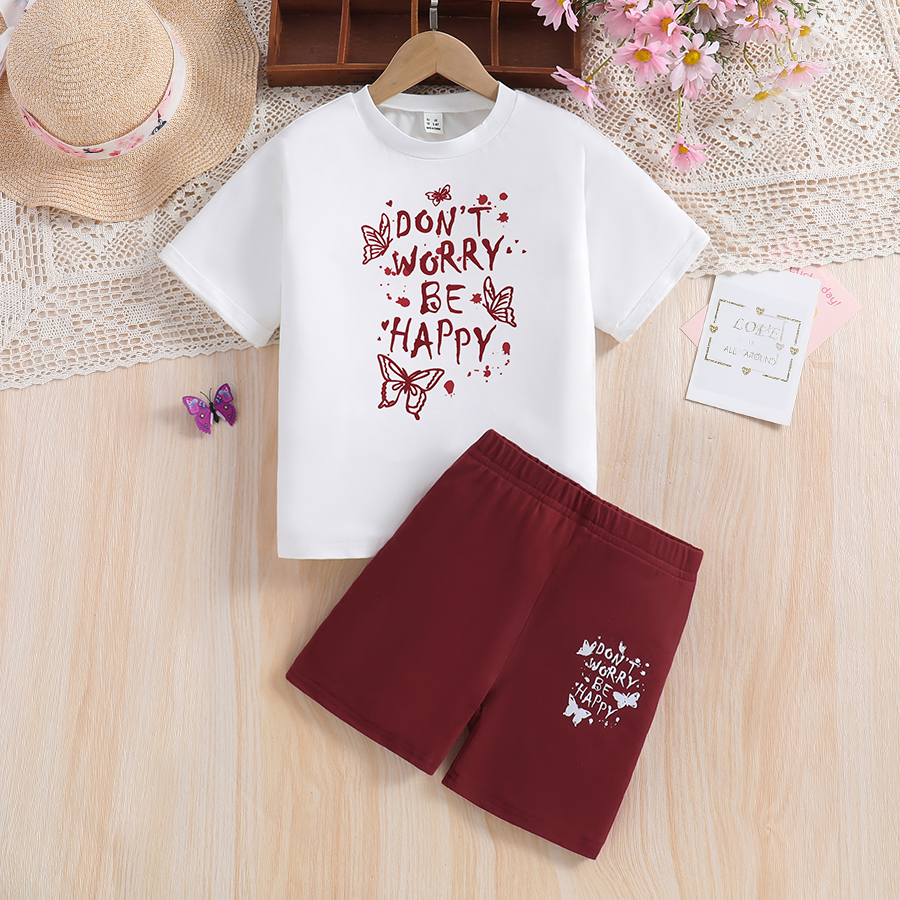 Toddler Girl 2pcs Set: "Don't Worry Be Happy" Graphic Tee & Burgundy Shorts, Cute Casual Outfit Boys can also wear it-KJC6040B-image-1076239843