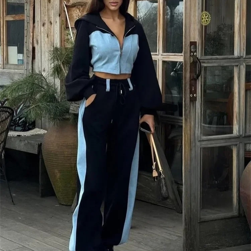 Zekye Autumn Spring Summer Hoodies 2 Piece Sets Long Sleeve Zipper Womens Tracksuit Crop Tops Wide Leg Sport Pants Set 250920