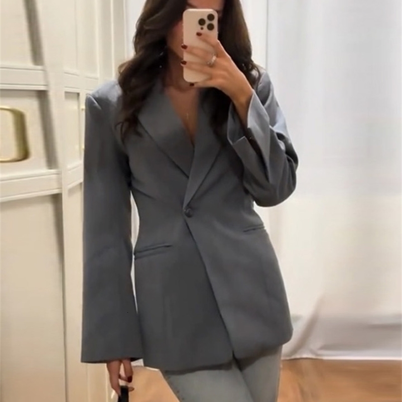 Elegant Slim Solid Womens Blazers Lapel One Button Shoulder Pads Long Sleeve Jacket 2025 Autumn Office Lady Commute Outwear 250920