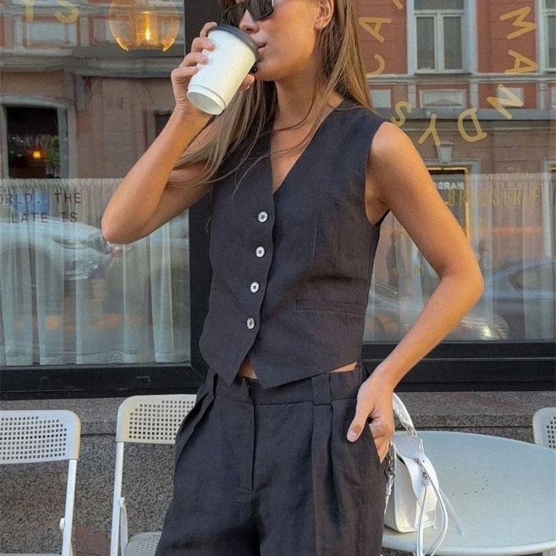 Bronladies Womem Linen Cotton Chic Vest Pants Suit TwoPiece Set Office Ladies Summer Chic 2 Piece Sets Womens Outfits 250920