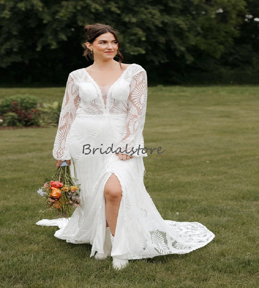 Rustic Bohemian Fringe Wedding Dress 2025 V Neck Long Sleeve Crochet Lace Boho Mermaid Bride Dress Gypsy Country Celtic Bridal Dress 2025 Rustic Civ