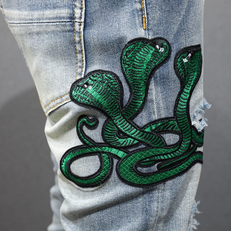 ashion mensy2k jeans with three head snake pattern elastic and stretchy slim fit washed light blue jeans mens hiphop ret 250920