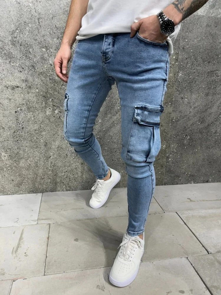 Trendy Skinny Cargo Jeans Pocket Men Slim Fashion Streetwear Little Feet Trousers Washed Elastic HipHop Denim Mens Pants 250920