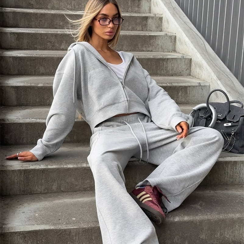 Casual Hooded Coat Pants Sets Women Loose Solid Pockets Top Wide Leg Pants Lady Suit 2025 Autumn Fashion 2 Pieces Set Female 250920