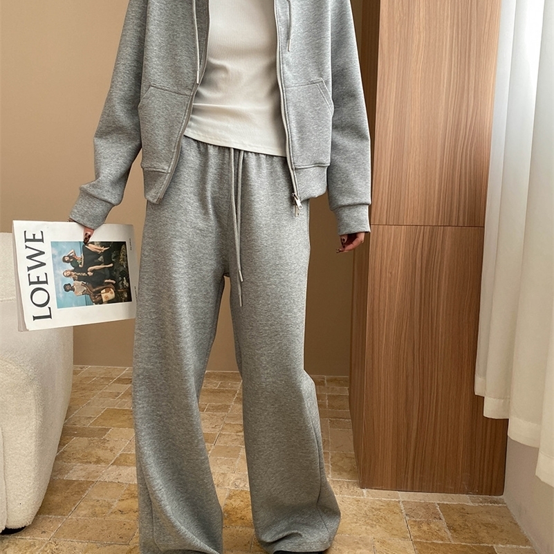 Spring womens casual solid color loose hooded sweatshirthigh waisted straight leg pants set 250920