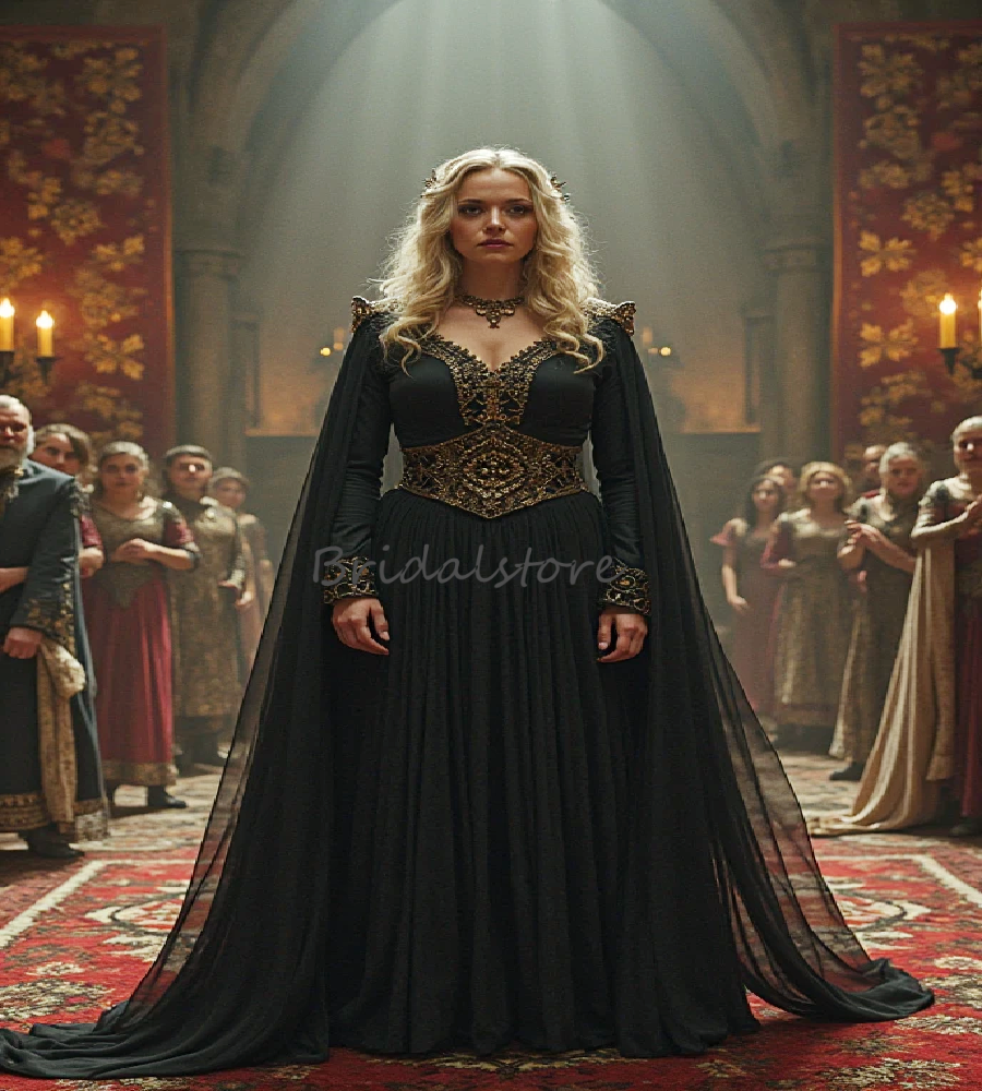 Elegant Black Knightly Evening Dress With Cape Sleeve Plus Size Medieval Prom Dress Costume Halloween Formal Party Vestio de Novias 2025 Gothic Witc