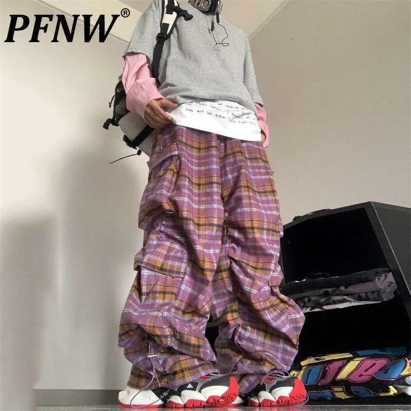 PFNW American Vintage Plaid Cargo Pants For Men And Women Loose Casual Drawstring Wide Leg Trousers Spring 28W5958 250920