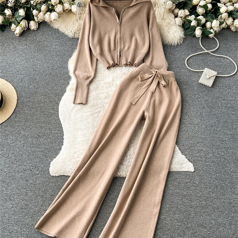 SINGREINY Fashion Casual Sports Knitted Suits Zipper HoodieElastic Waist Drawstring Wide Legs Long Pants Winter Two Pieces Sets 250920