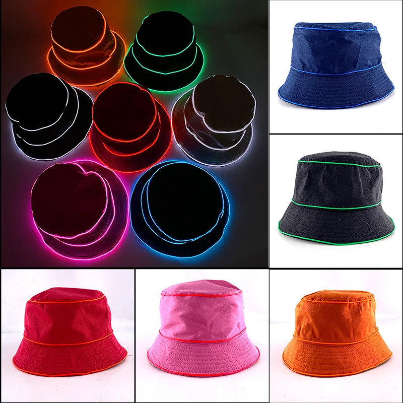 Lumineux Néon LED Men Femmes Chapeaux de seau de couleur solide Hip Hop Panama Cap pêcheur Coton Coton Summer Summer Casual Fishing Cap 250919