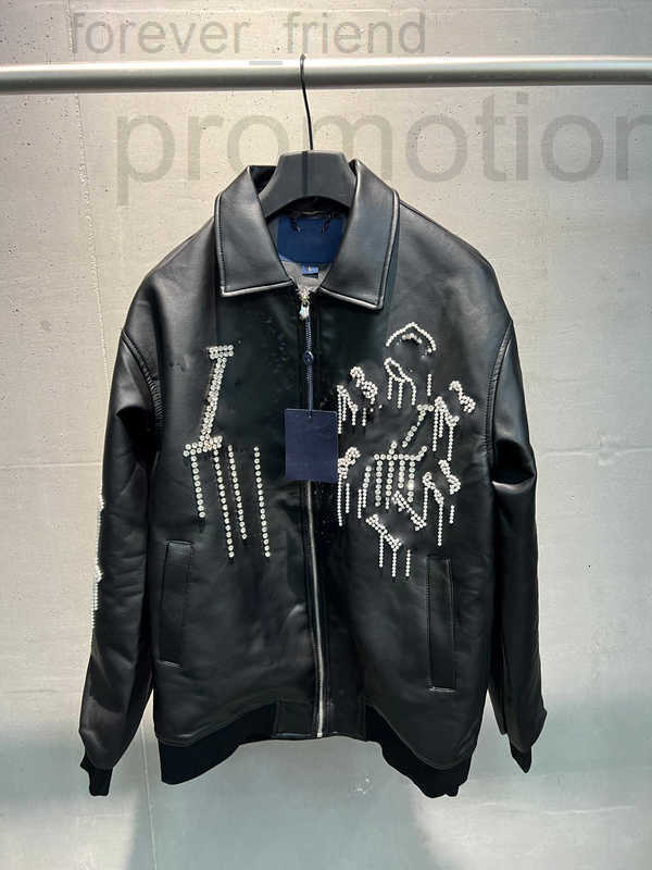 Men's Jackets Designer New style leather jacket with reversed collar and zippers, featuring three-dimensional embroidery, sequins, pearls diamo