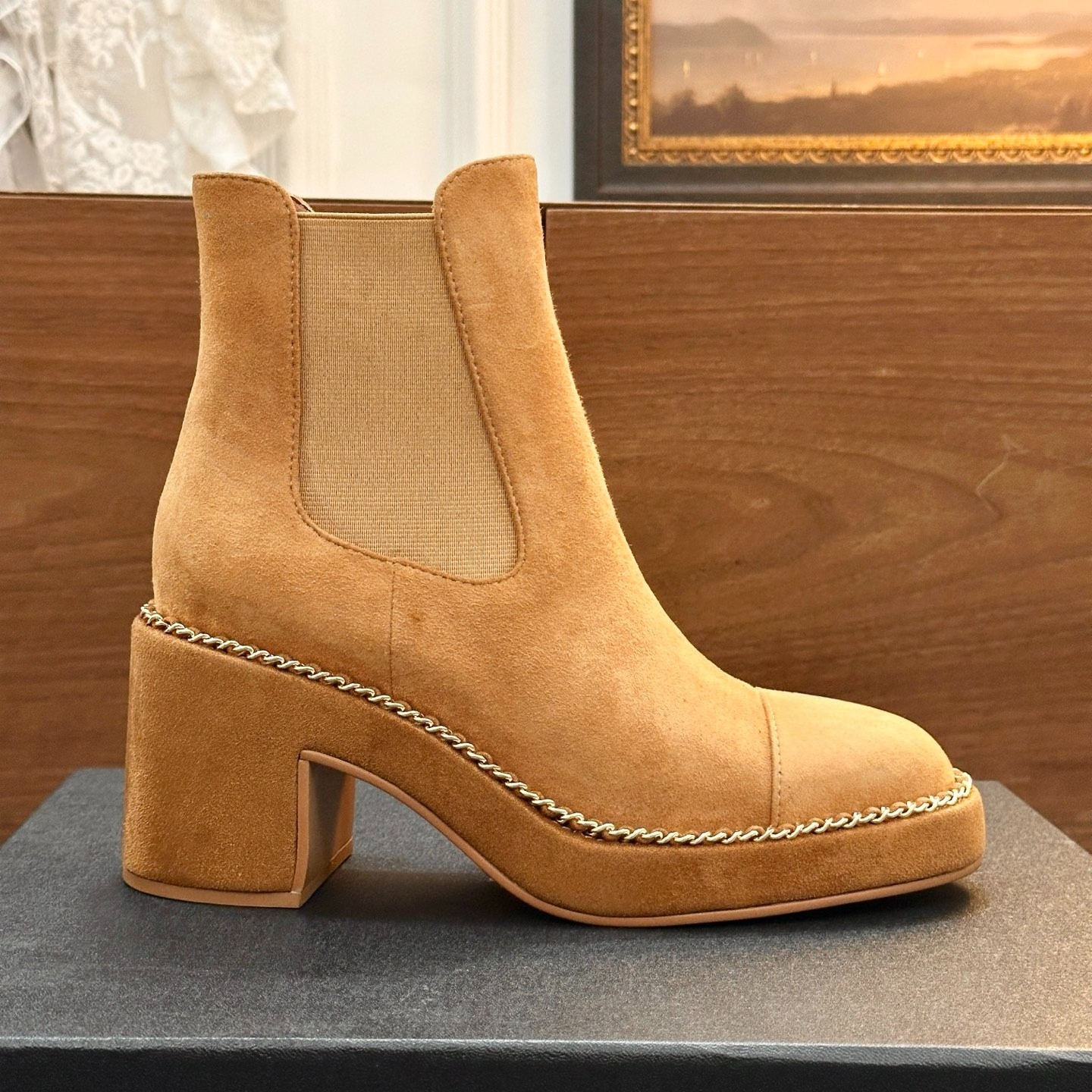 Luxury designer women chunky heel Elastic band ankle boots Genuine leather round toe Chelsea Boots Slip on booties Classic Chains embellished boot F